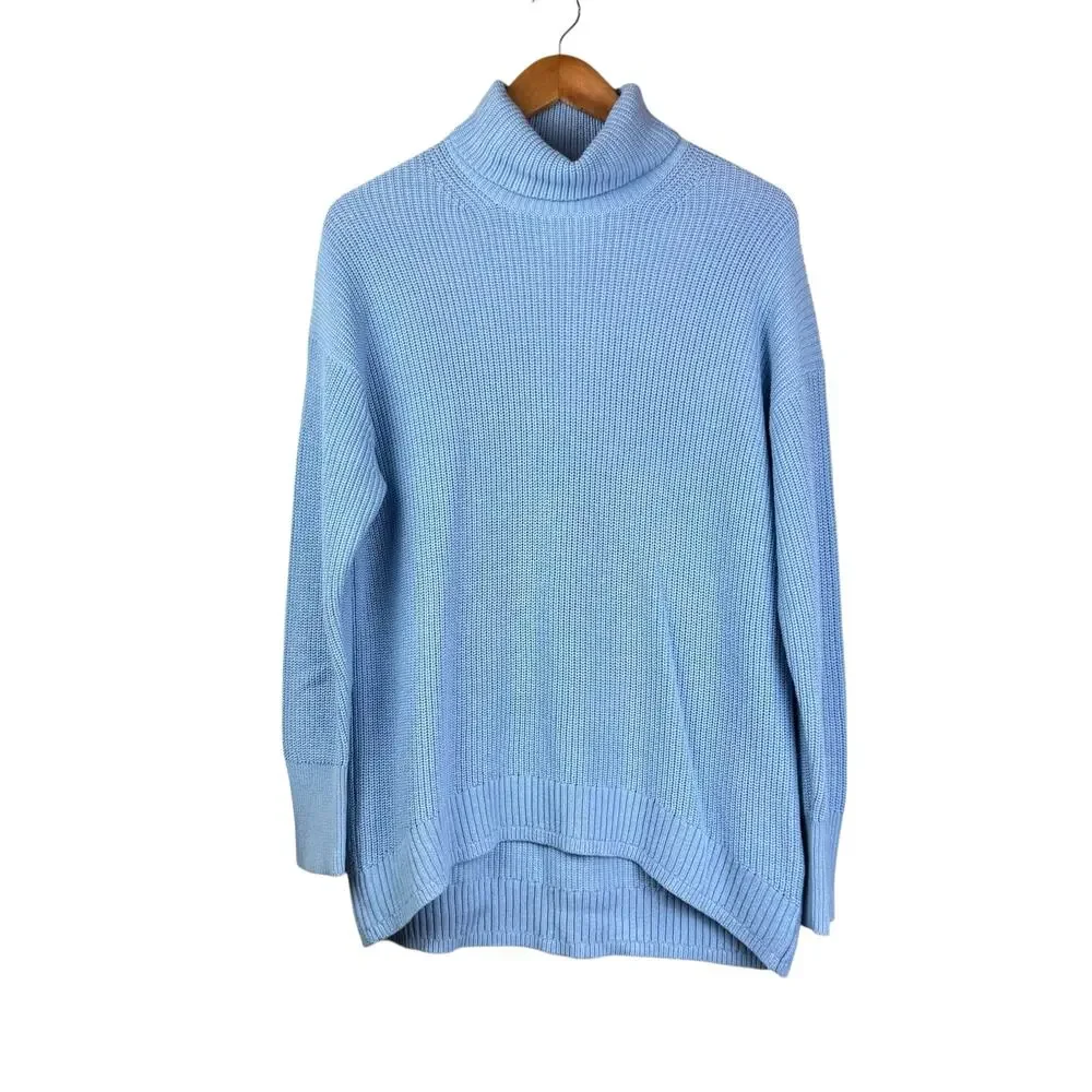 J. Crew Blue Cotton Cashmere Blend Chunky Ribbed Turtleneck Fisherman Sweater